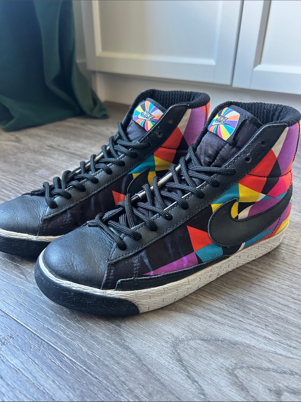 Nike women’s Blazer Black High-Top Sneakers with Multicolor Geometric Panels